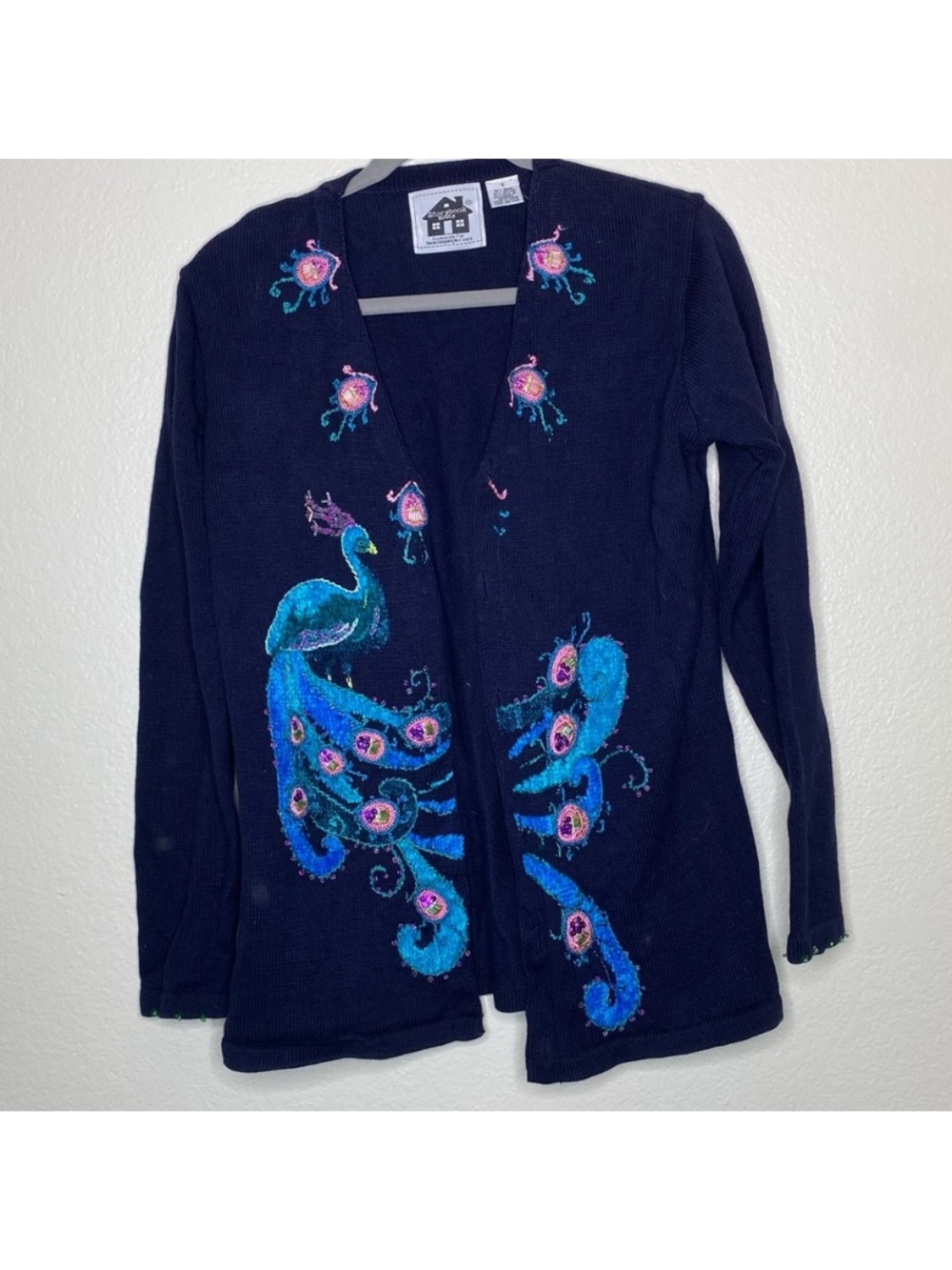 Vintage Navy Open Cardigan with Blue Peacock Embroidery